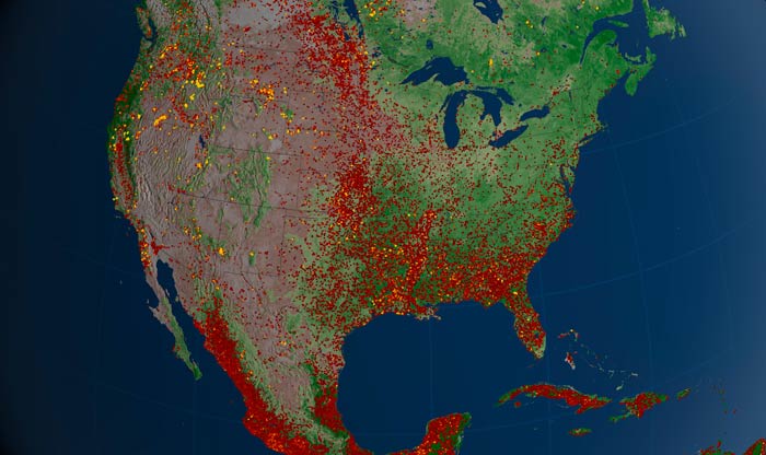 This NASA visualization depicts fires that burned between January 1 and October 31, 2012.