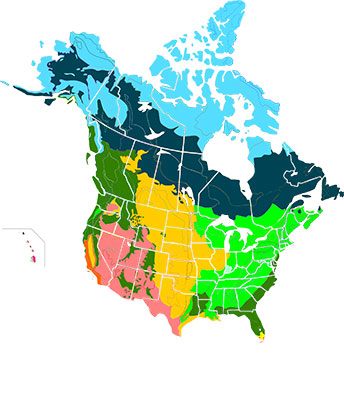 Major habitats of Canada and the U.S., with boreal forests shaded in dark blue
