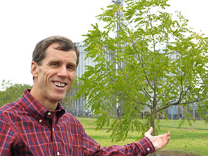Brian Hammons in the black walnut orchard adjacent to the Hammons Products Company headquarters in Stockton, Mo.