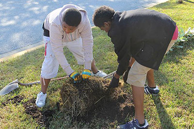 Two kids planting a tree