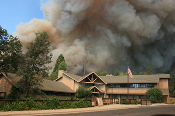 The Rim Fire approaches the Groveland Ranger Station in the Stanislaus National Forest. 