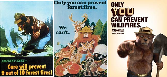 Smokey Bear ads in 1944, 1979 and 2011