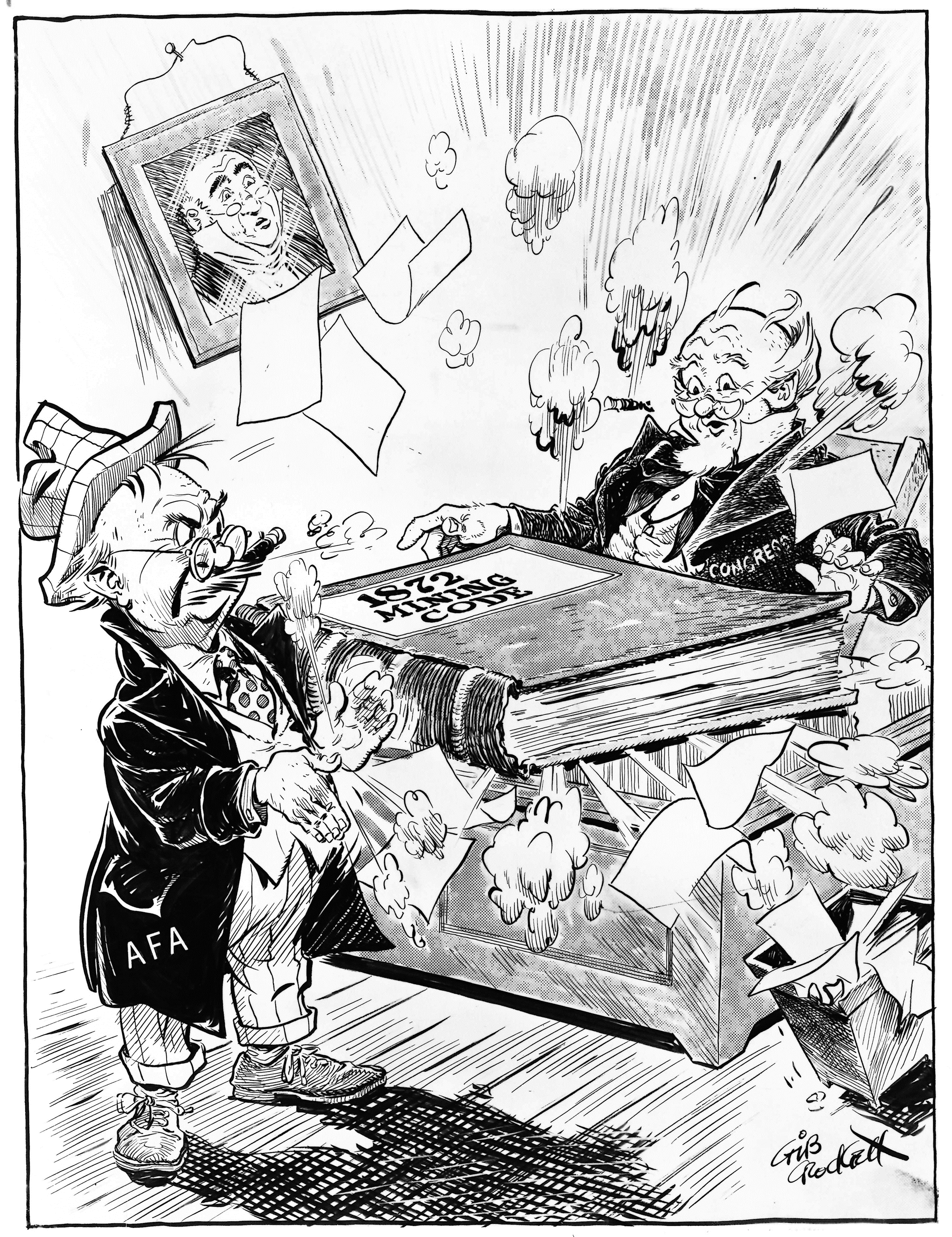 Cartoon of the AFA dropping the 1872 mining code book on congress' desk