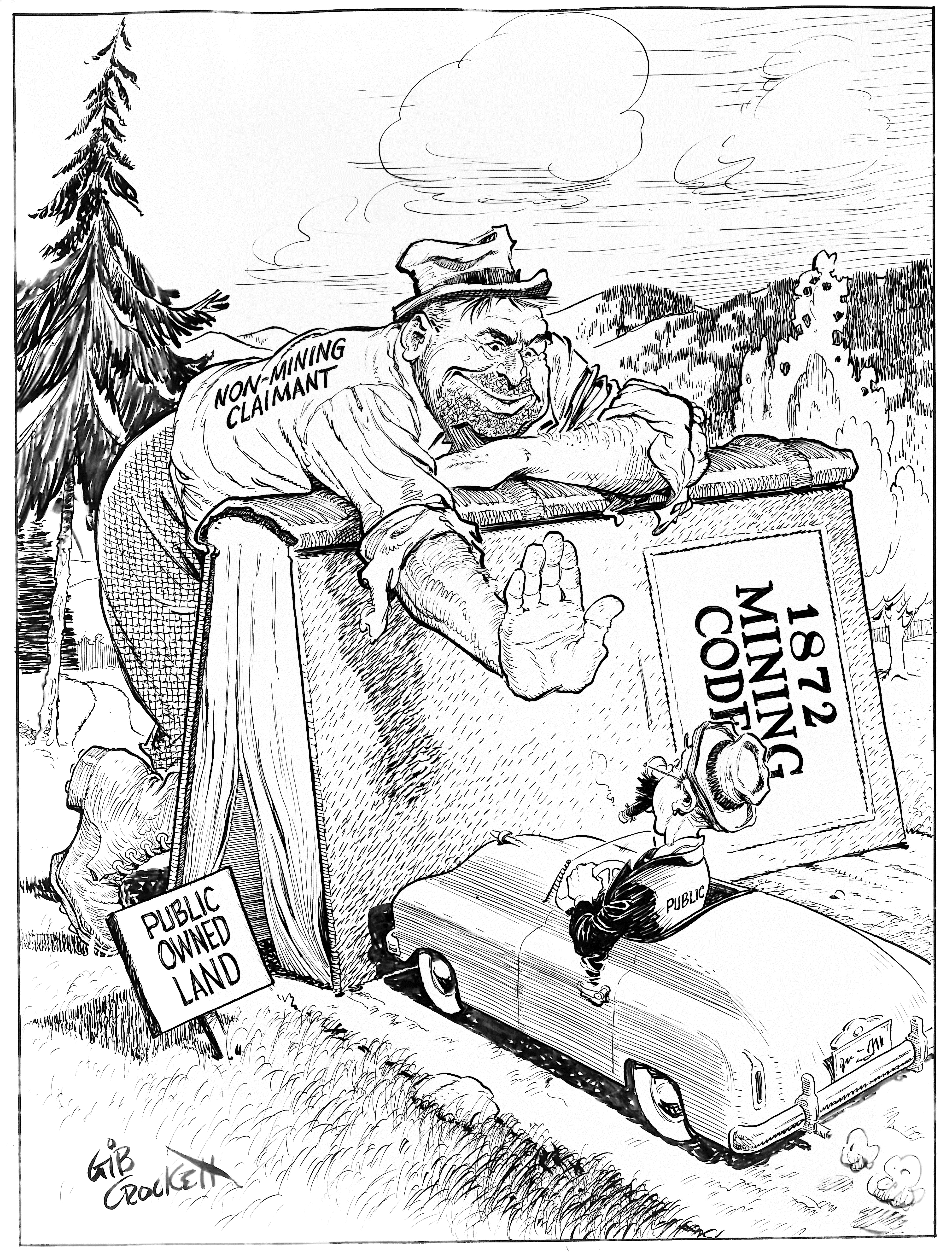 Gib Crockett Cartoon showing the 1872 mining code being used to block the public from using public land