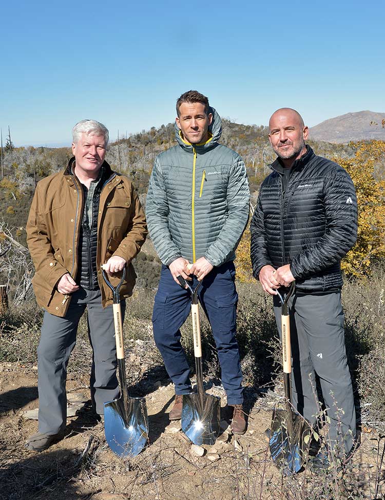 Eddie Bauer and Philanthropic Ambassador Ryan Reynolds Plant 50 Millionth Tree in Celebration of 20-Year Partnership with American Forests on November 11, 2015 in Lake Arrowhead, California.