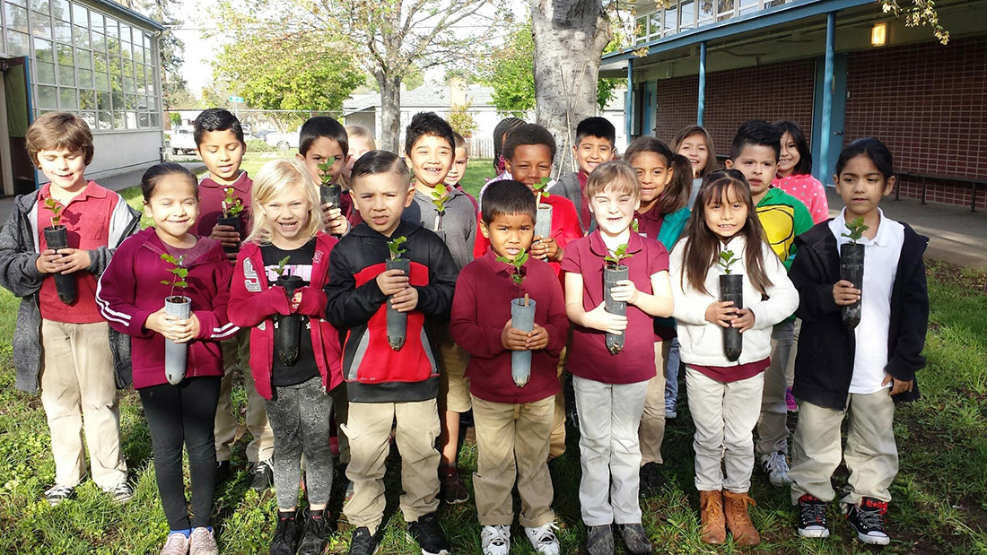 Volunteers work with 3rd and 4th grade classes in Sacramento, Calif. to collect native acorns, grow them into seedlings, and then reforest areas affected by wildfire — all while learning about healthy forests. 