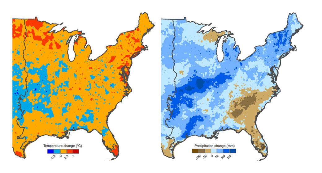 In the last 30 years, temperatures in the eastern U.S. have increased and precipitation patterns have changed, with the southeast seeing drier conditions and the central U.S. getting wetter.