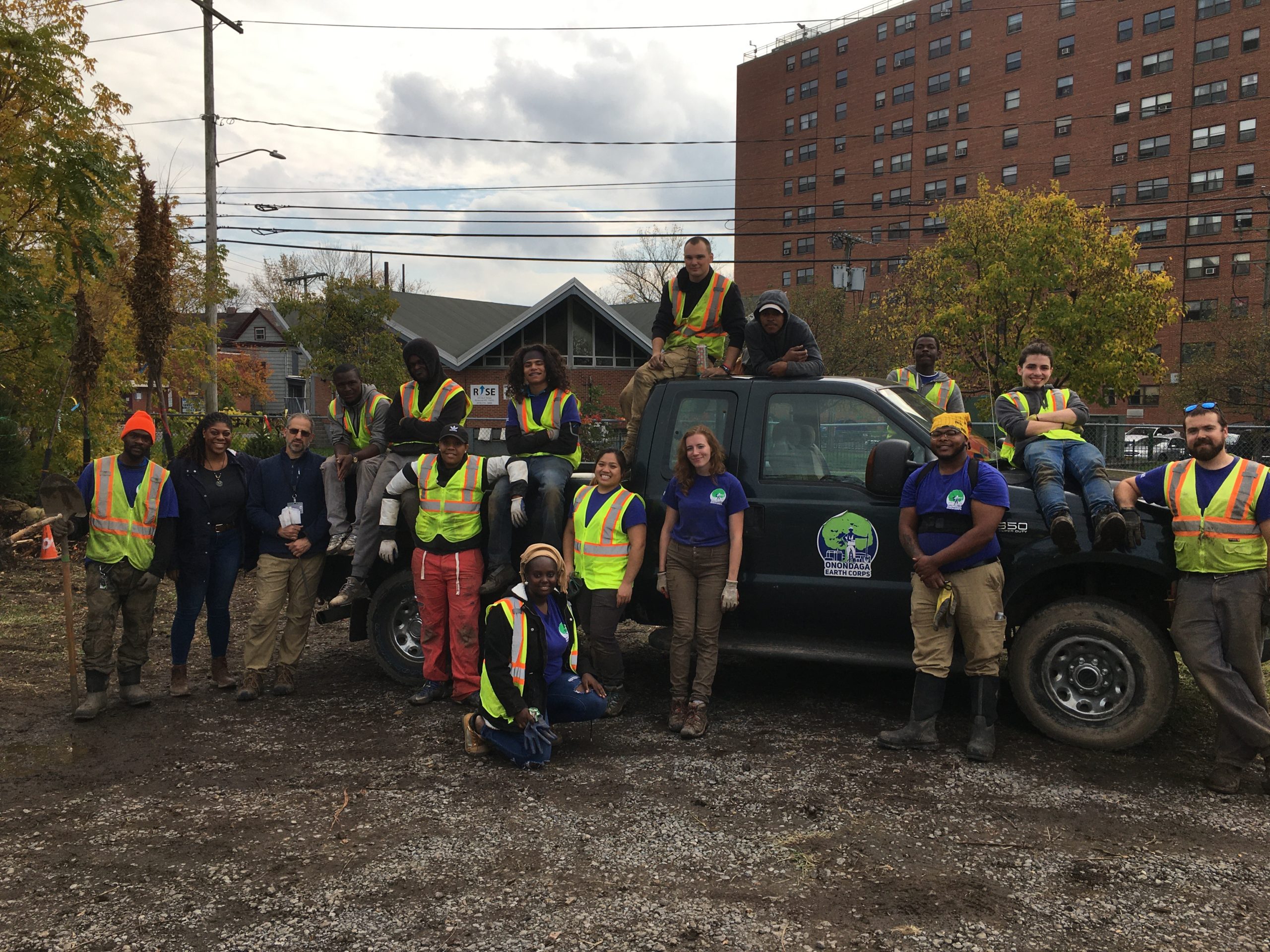 Onondaga Earth Corps crew and staff with City Forester Stephen Harris and American Forests Senior Manager of Tree Equity Sarah Anderson.