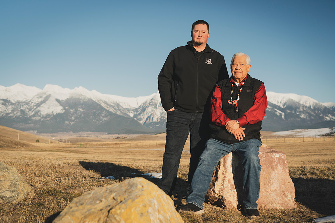 Tony Incashola Sr. and his son, Tony Incashola Jr., enjoy the views of the landscape, including the high-elevation forests in the distance, at the Flathead Indian Reservation. The father-son team help lead work within the Confederated Salish and Kootenai Tribes to restore the reservation's forests.