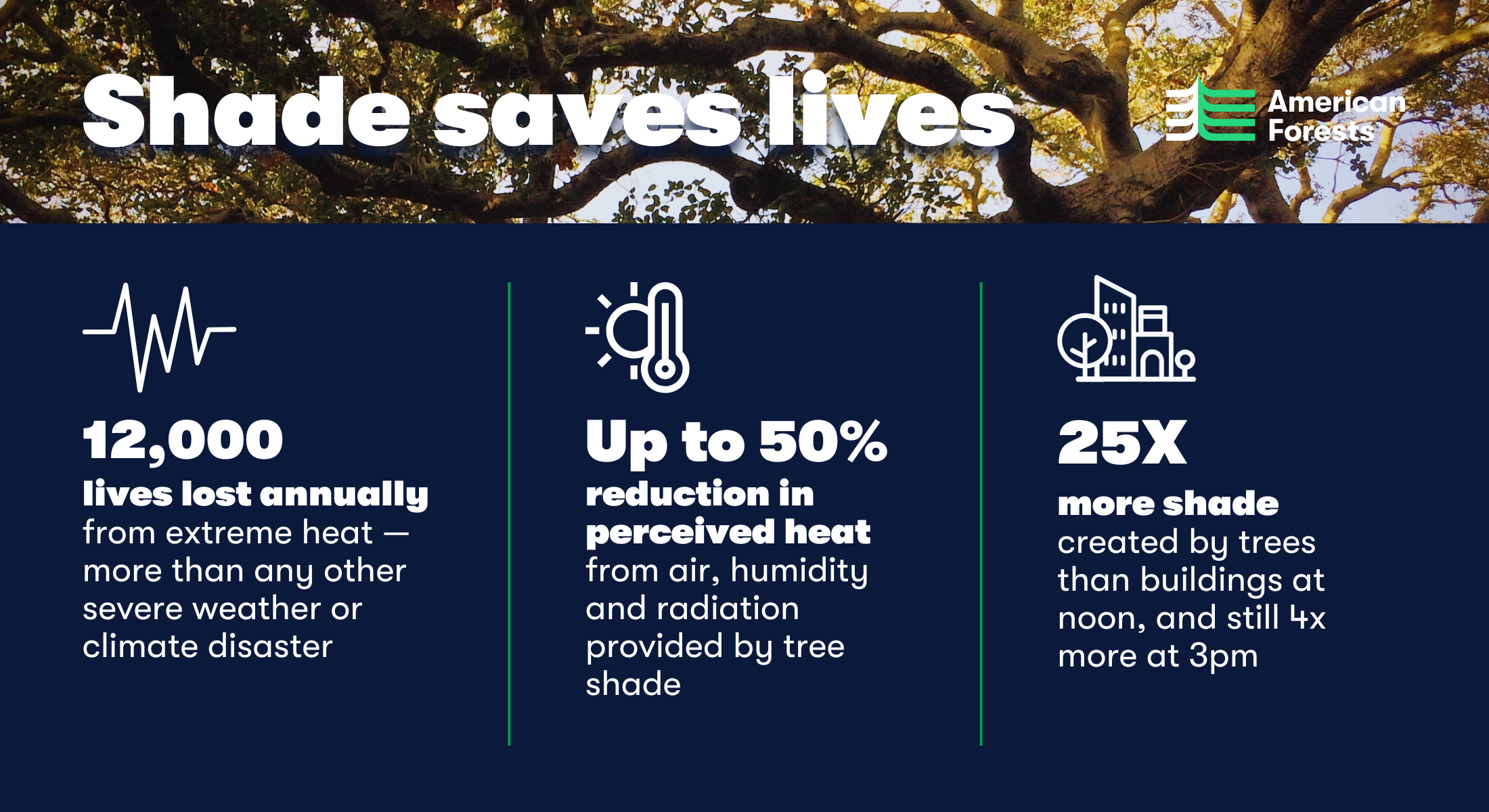 Shade saves lives: 12,000 lives lost annually from extreme heat - more than any other severe weather or climate disaster; up to 50% reduction in perceived heat from air, humidity and radiation provided by tree shade; 25X more shade created by trees than buildings at noon, and still 4x more at 3pm