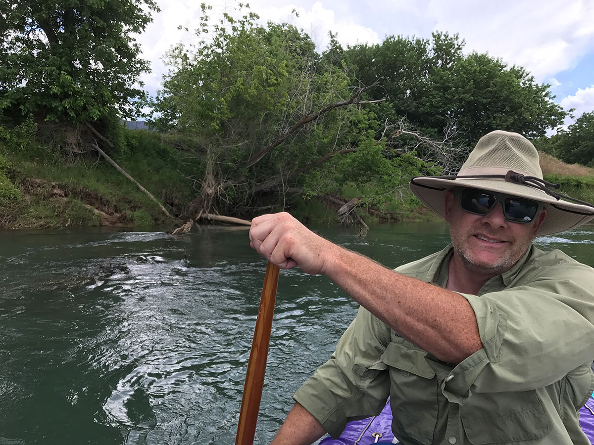Aaron Kimple, a leading proponent of shared stewardship, paddling the Animas River in Colorado.