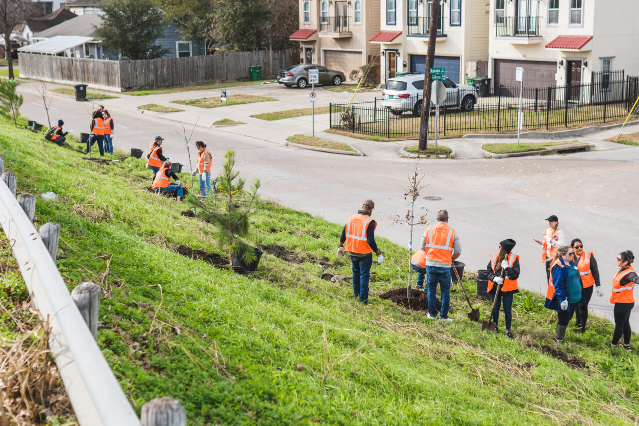 : Volunteers plant a variety of trees in a spot near White Oak Bayou Greenway. The neighborhood, a combination of residential and industrial areas, was devastated by Hurricane Harvey. The new trees will provide sorely needed shade for hiking and biking trails as well as flood mitigation during extreme weather.