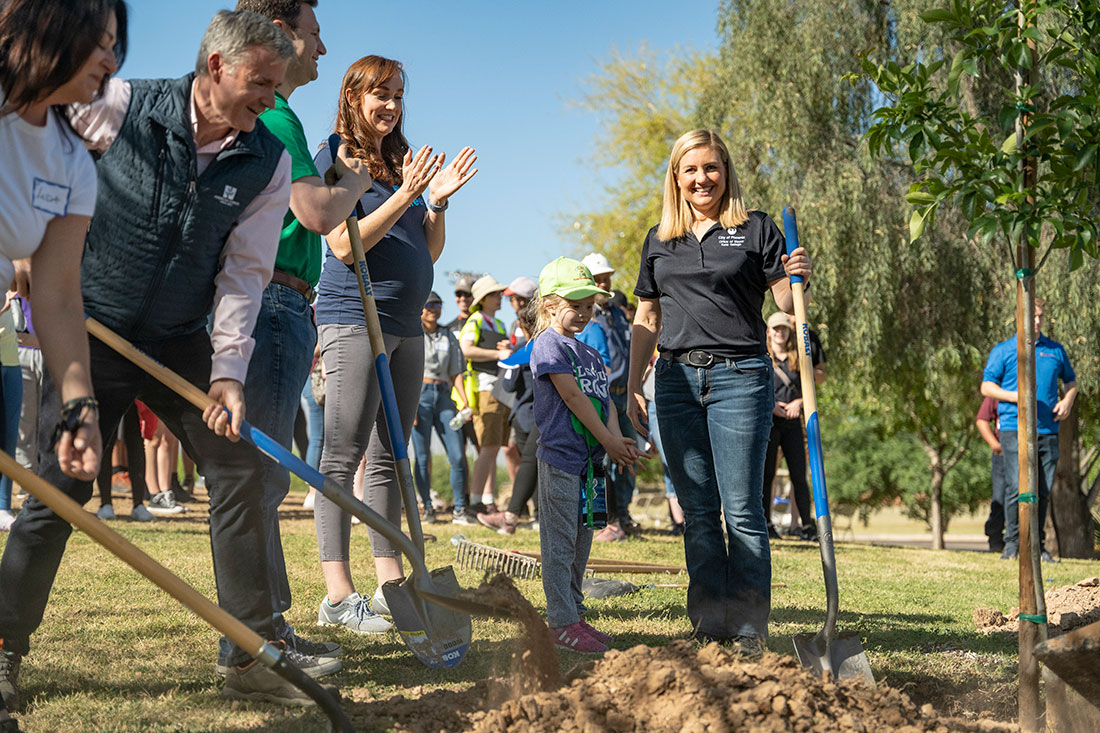 “With American Forests and private sector partners, we’re proud to prioritize investment in low-income and heat-vulnerable neighborhoods. Cool corridors model the vision for Tree Equity and serve students, public transit riders and pedestrians to make our city safer and more comfortable,” said Phoenix Mayor Kate Gallego, pictured on the right at the planting of the city's first cool corridor.