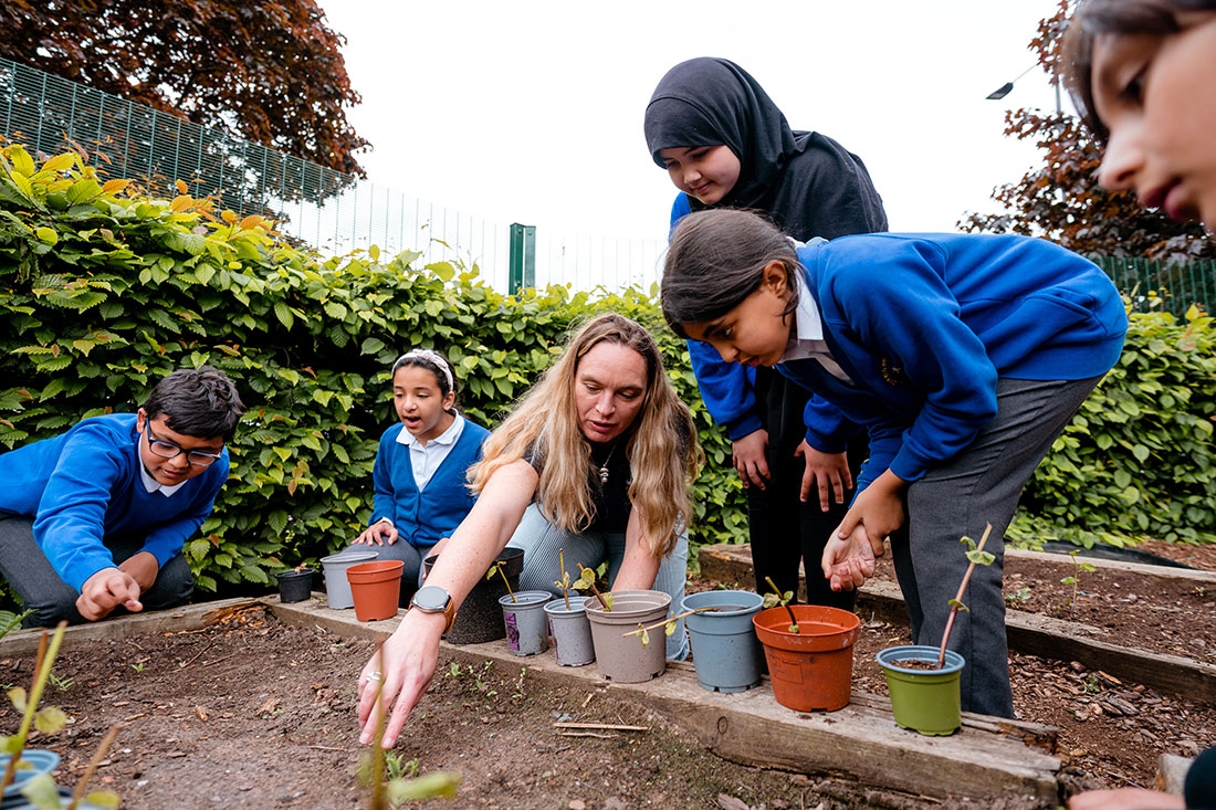 Pupils tend to their planting project in the Lowfield playground.
