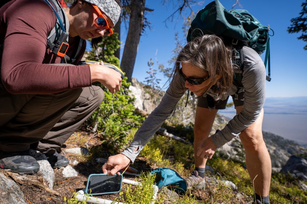 Pansing and Laura Jones, branch chief of vegetation management with Grand Teton National Park, measure the slope angle of a seeded site. The data will help the researchers understand if slope may impact the outcomes of direct seeding. C.J. Adams / National Park Service