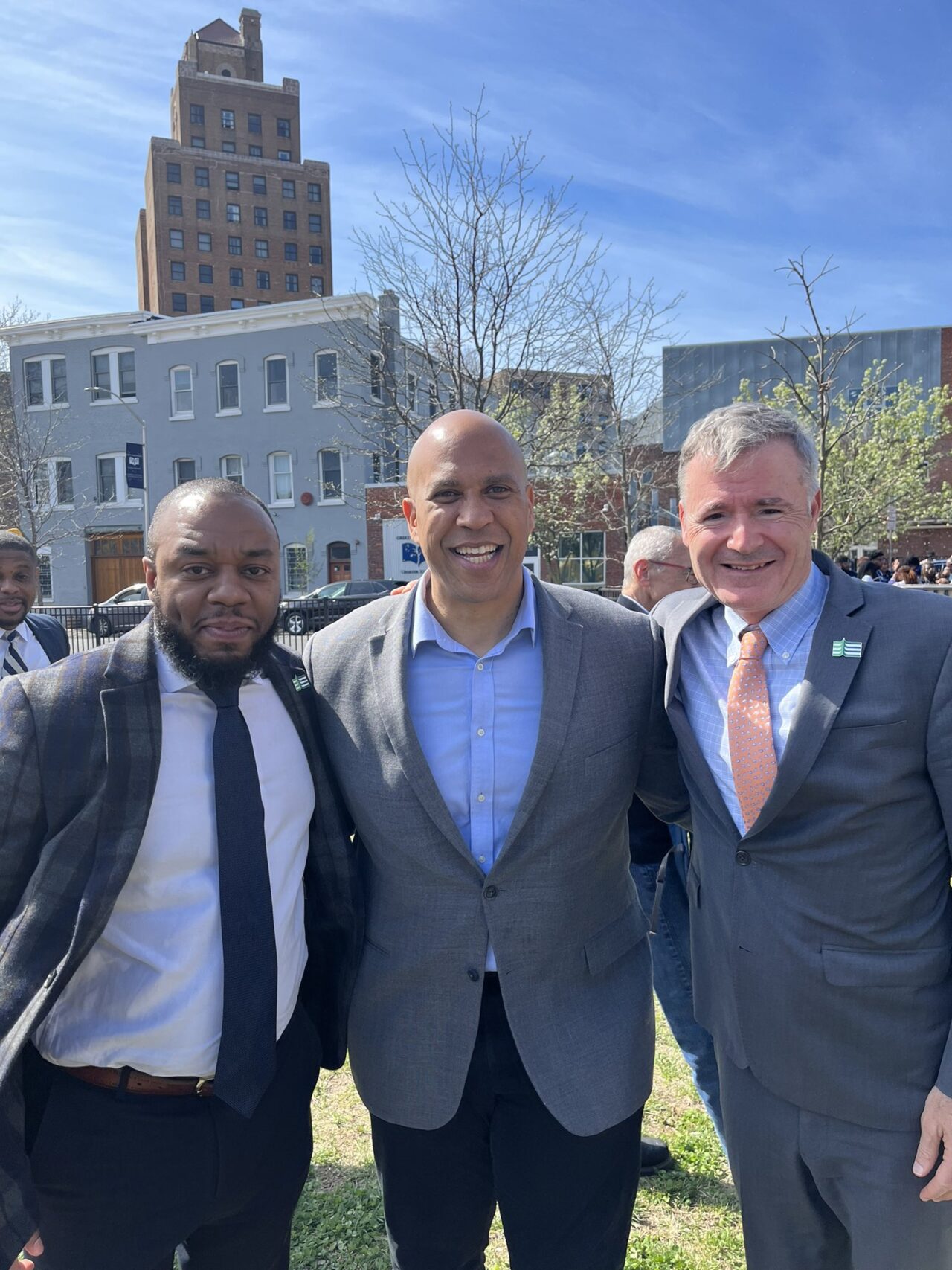 (From L to R) American Forests Vice President of Urban Forests Policy Joel Pannell, Senator Cory Booker and American Forests President and CEO Jad Daley together in New Jersey. They were attending the event at which Under Secretary of Natural Resources and Environment Dr. Homer Wilkes announced $250 million in urban and community forestry project funding for states and territories, and the open application period for $1 billion in urban and community forestry projects. Photo by Zach McCue