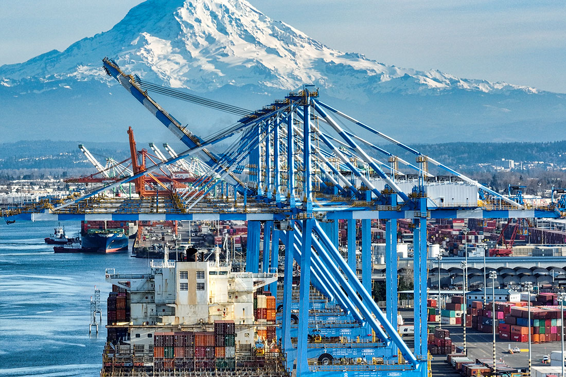 The Port of Tacoma, seen here with Mount Rainier in the background, is one of the largest ports in the United States and helped make Tacoma the “Lumber Capital of the World” in the early 1900s.
