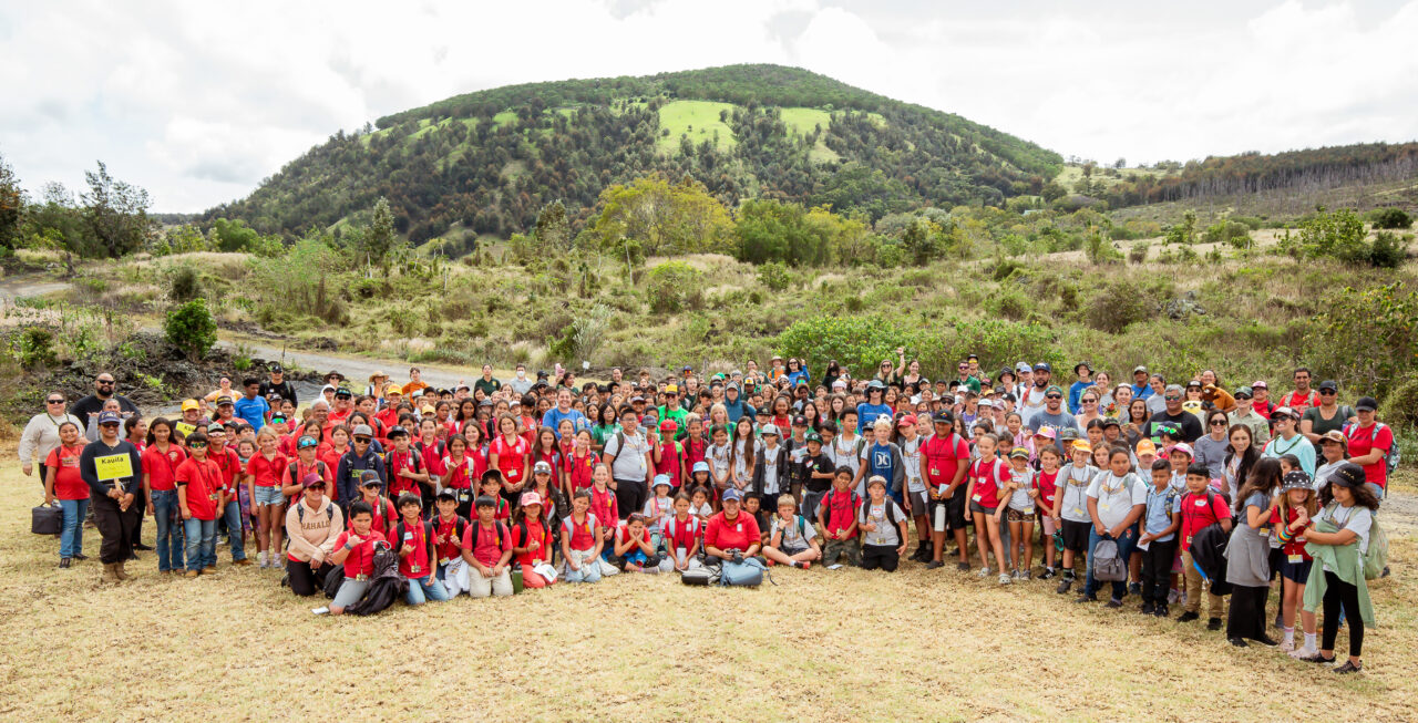 250 fourth graders celebrating Biocultural Event-2024 in front of Puʻuwaʻawaʻa!.jpg Courtesy of Pilina Aina