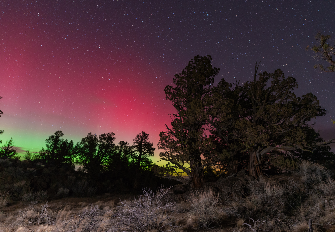 A G4 geomagnetic storm displayed vibrant auroras visible to the naked eye in central Oregon. CREATOR Claire Thompson