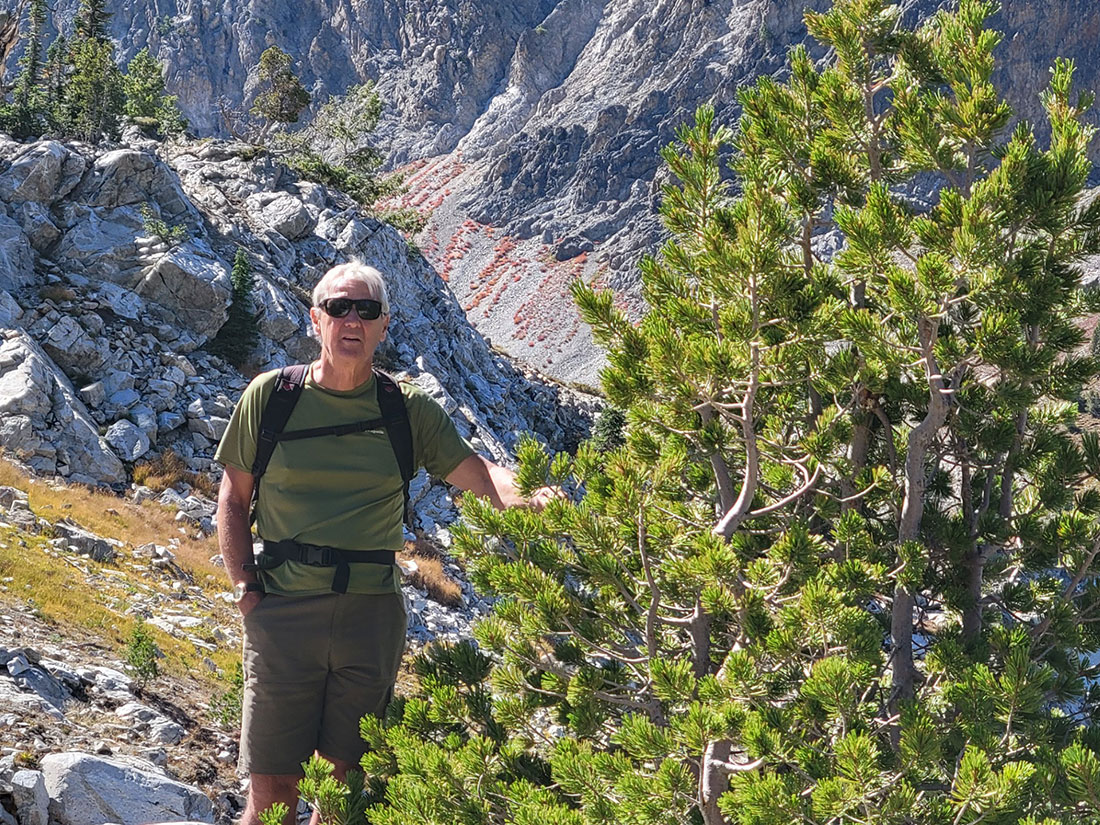 David Neale, principal investigator for the Whitebark Pine Genome Project, poses next to a whitebark pine during a hike in Idaho’s Sawtooth mountains. Neale’s love for mountain adventures, such as hiking, climbing and skiing, helped to spur his affection for the iconic whitebark species.