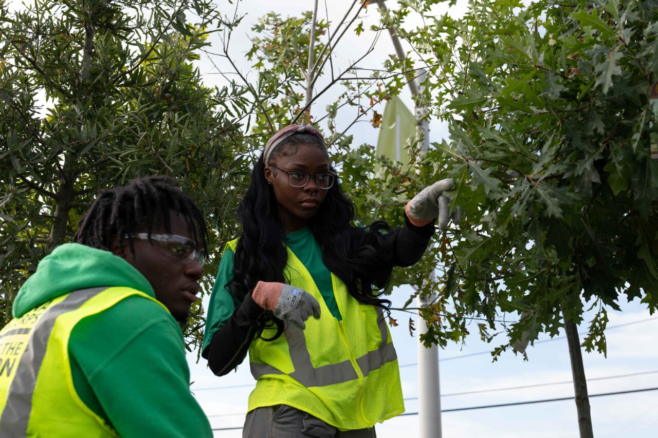LA Green Corps members Angel Harris and Tavorean Johnson planting along the Lafitte Greenway.